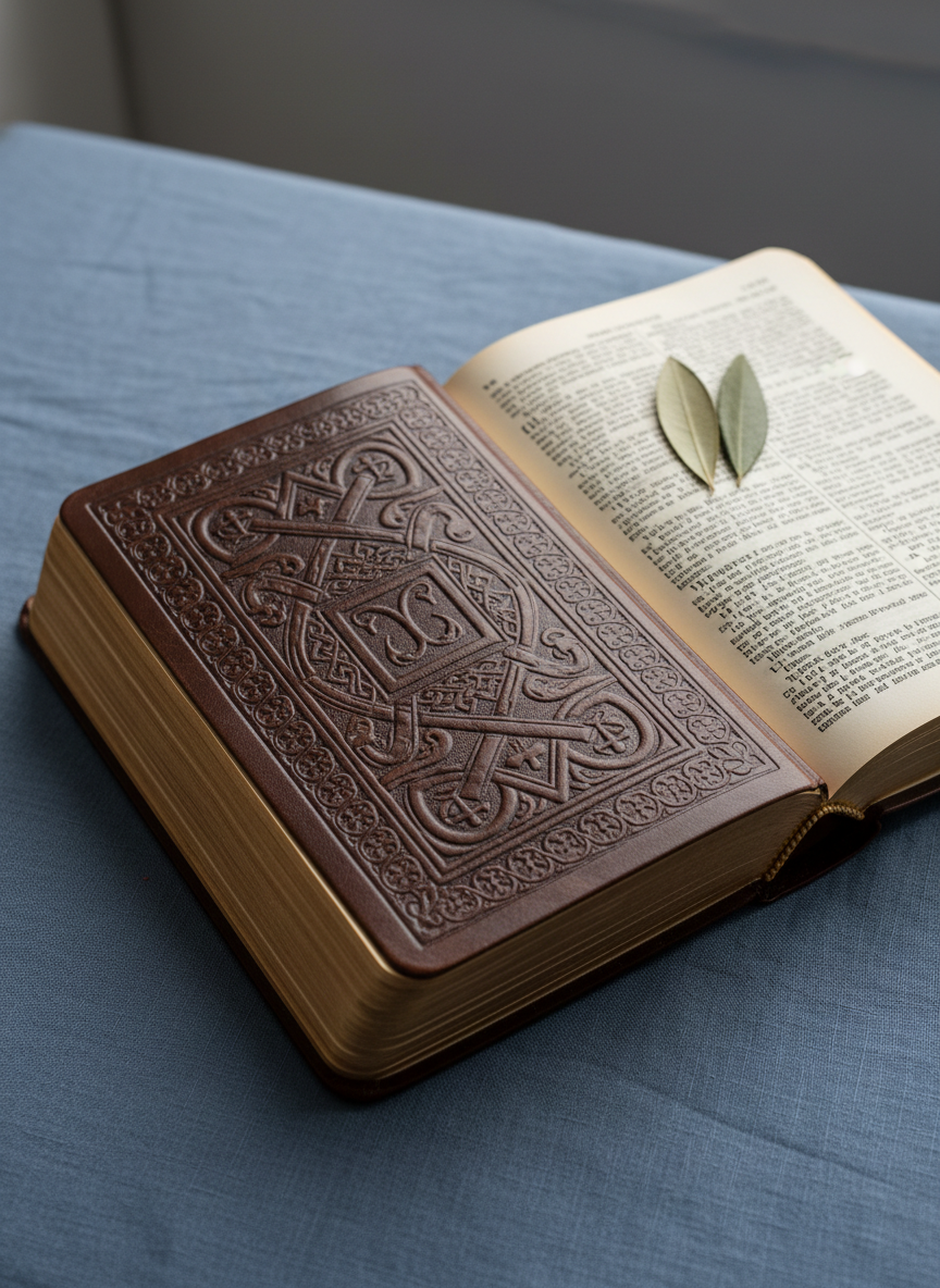 An open, richly embossed leather-bound Bible with gilded page edges, lying on an uncluttered slate-blue linen cloth. The pages, gently curved and slightly yellowed, reveal finely printed scripture with a single pressed olive leaf marking a passage. Ambient, overcast natural light from an unseen window creates soft, subtle gradients across the textured leather and matte paper, lending the image a refined, contemplative feel. Shot from an overhead perspective with rule-of-thirds composition, the background remains unfocused and minimal, emphasizing the Bible’s details. The photographic style is clean, elegant, and sophisticated, reflecting the importance of scripture in Christian community support.