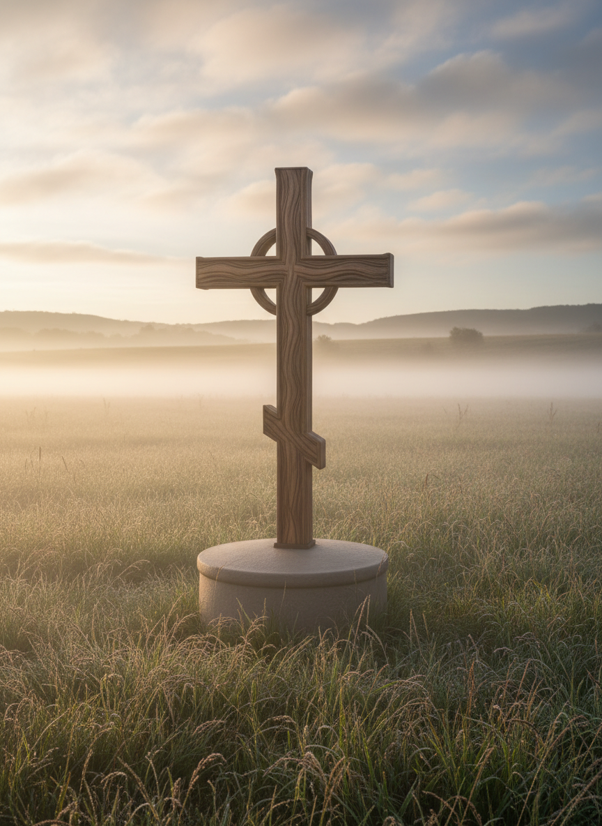A classic, weathered wooden cross with elegant grain patterns stands alone atop a smooth stone pedestal, finished in muted, soft brown tones. The cross is positioned in an open field of delicate wild grasses, with gentle morning mist rolling along the ground. Soft, diffused golden sunlight filters through low clouds, casting subtle highlights across the cross and creating elegant, elongated shadows on the dewy grass. The mood is serene and hopeful, evoking quiet contemplation. Captured from a slightly elevated angle with a centered composition and minimal background elements, the image embodies a sophisticated, photographic realism with a minimalist, refined aesthetic. This scene perfectly symbolizes faith and is ideal for a site supporting prayer, devotion, and healing.