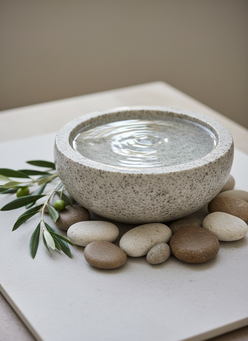 A simple stone bowl filled with sparkling clear water, with several small, smooth river stones artfully arranged around its base on a pale slate surface. Slender green olive branches rest beside the bowl, symbolizing peace and hope. Soft, indirect daylight from an overcast sky illuminates the composition, creating subtle gradients and gentle highlights across the water’s surface and stones. This calm, centered composition features a shallow depth of field, delicately blurring the muted background to enhance focus on the elegant subject. The refined, minimalist photographic style perfectly supports messages of renewal, hope, and faith.